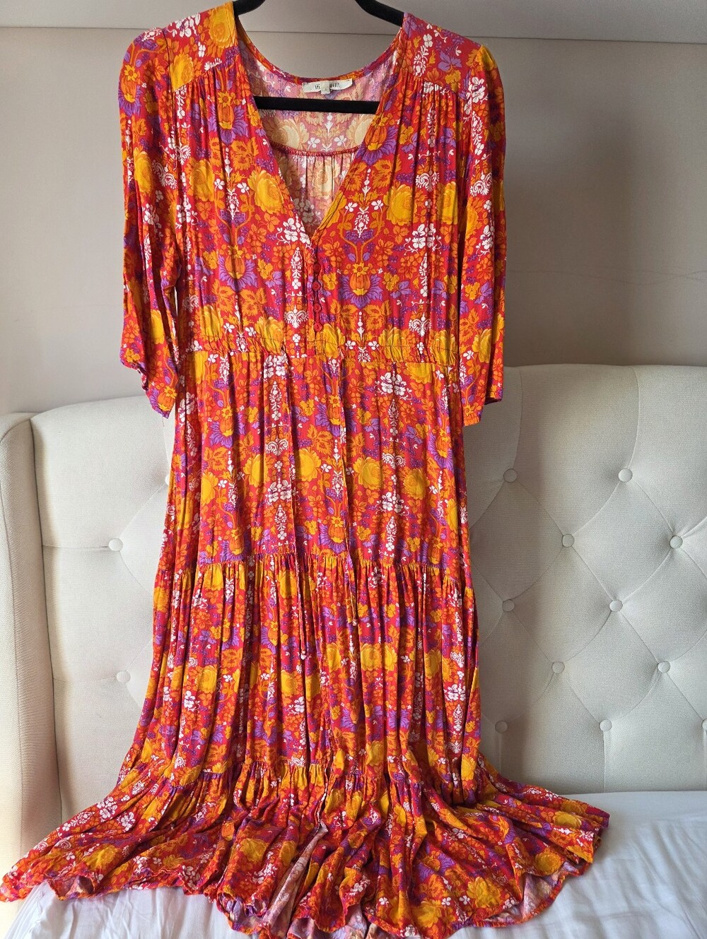 Abel The Label Sz S Bright Warm Floral Orange Purple Midi Dress